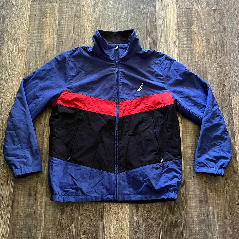 Nautica Men's L Reversible Colorblock Jacket Blue Red Navy Nylon Fleece-Lined